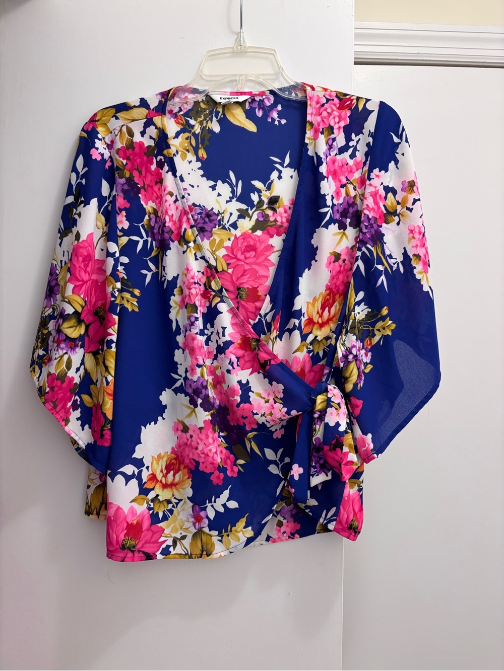 Express Floral Wrap Blouse - Royal Blue Pink Print